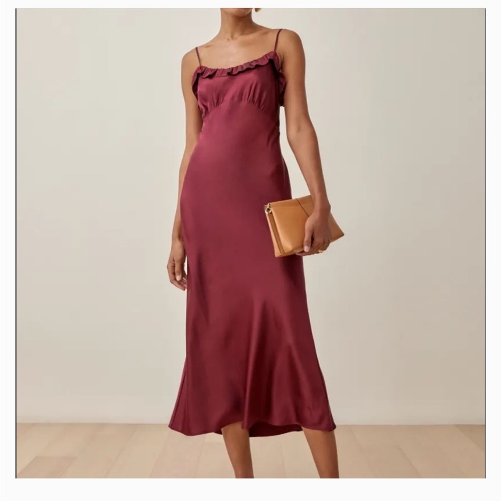 Reformation Satin Ruffle-Trim Slip Dress in Wine